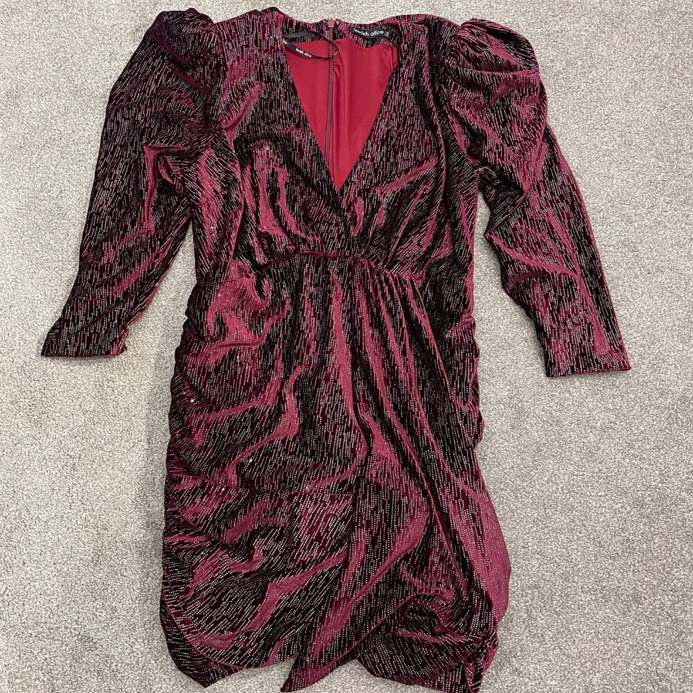 Lavish Alice Burgundy Diamante Velvet Wrap Mini Dress, Womens Size XL